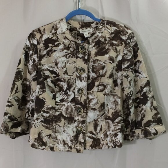 Coldwater Creek Blazer Short Brown Cream Button Front Linen Blend 12 - Picture 1 of 4